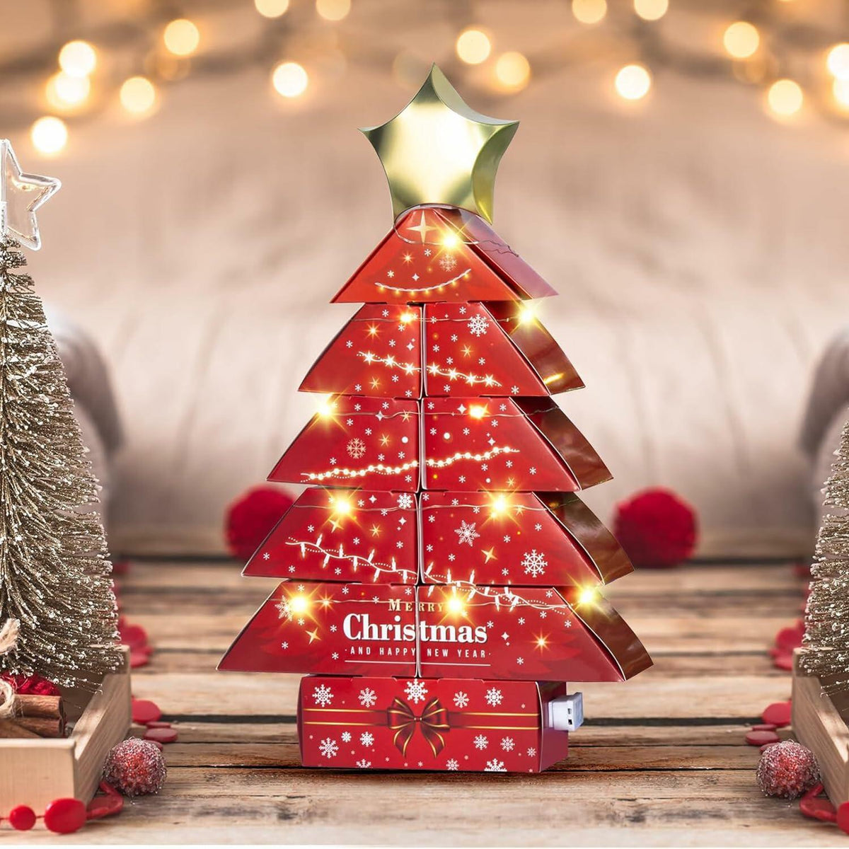 Cajas decorativas con forma de árbol y luz LED, cajas de regalo de 19.8x13.6x2.6 pulgadas, juego de 11 piezas