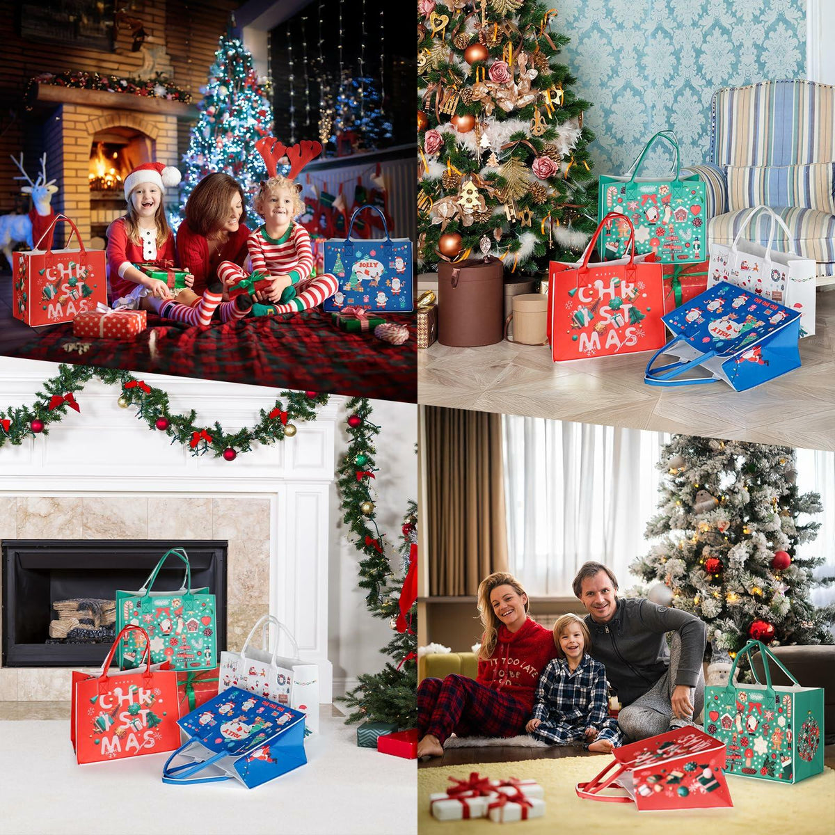 JIWINNER 4 bolsas de regalo de fieltro 13x7x10 con asas, envoltorio navideño