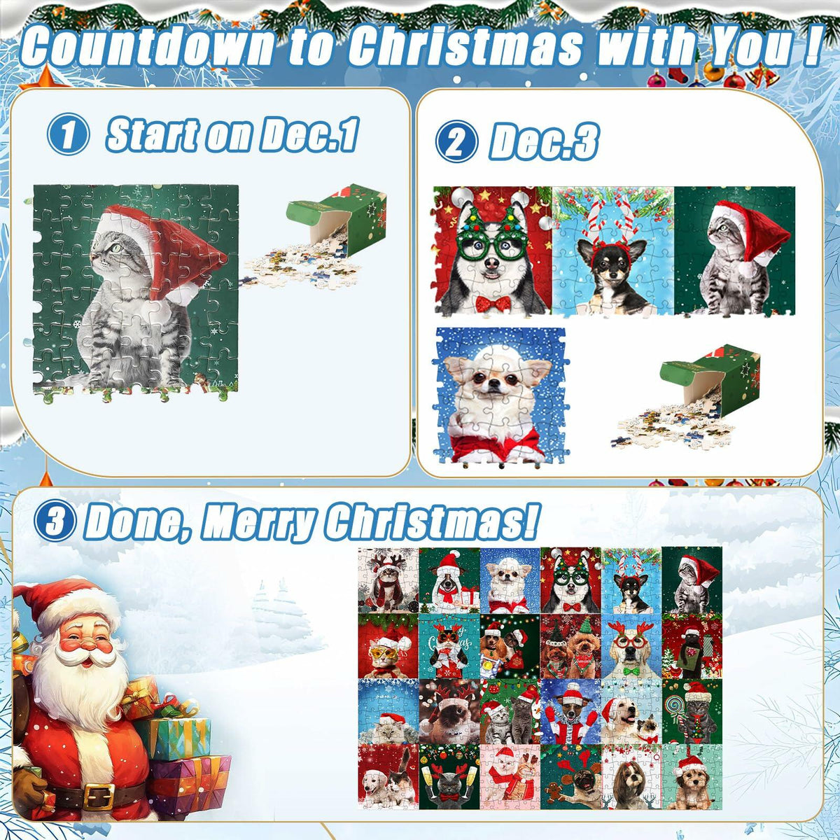Calendario de Adviento de rompecabezas navideño polar Sibosen 2024 de 1008 piezas, estilo 02