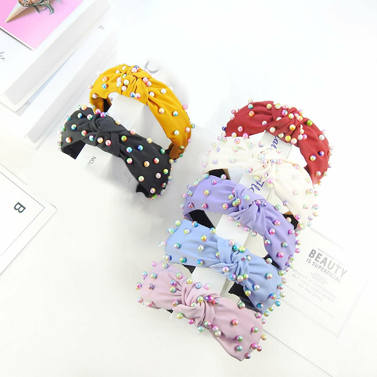 SMYAXUNW Colorful Pearl Knotted Hairband Turban Hair Accessories for Women