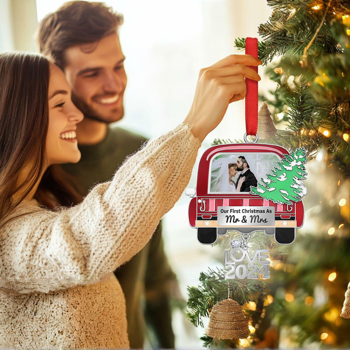 Adorno fotográfico de metal para Navidad, nuestro primer año como esposos, regalo de bodas 2024