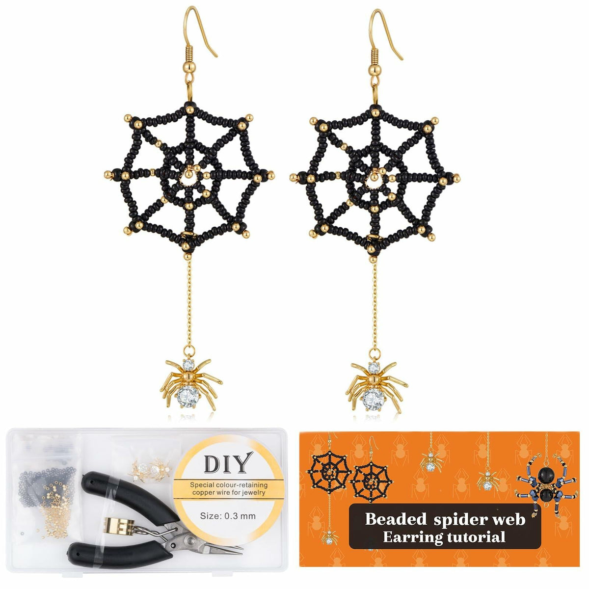 Kit de fabricación de pendientes de Halloween DoDoBeads, colgante de araña con circonita y cuentas doradas