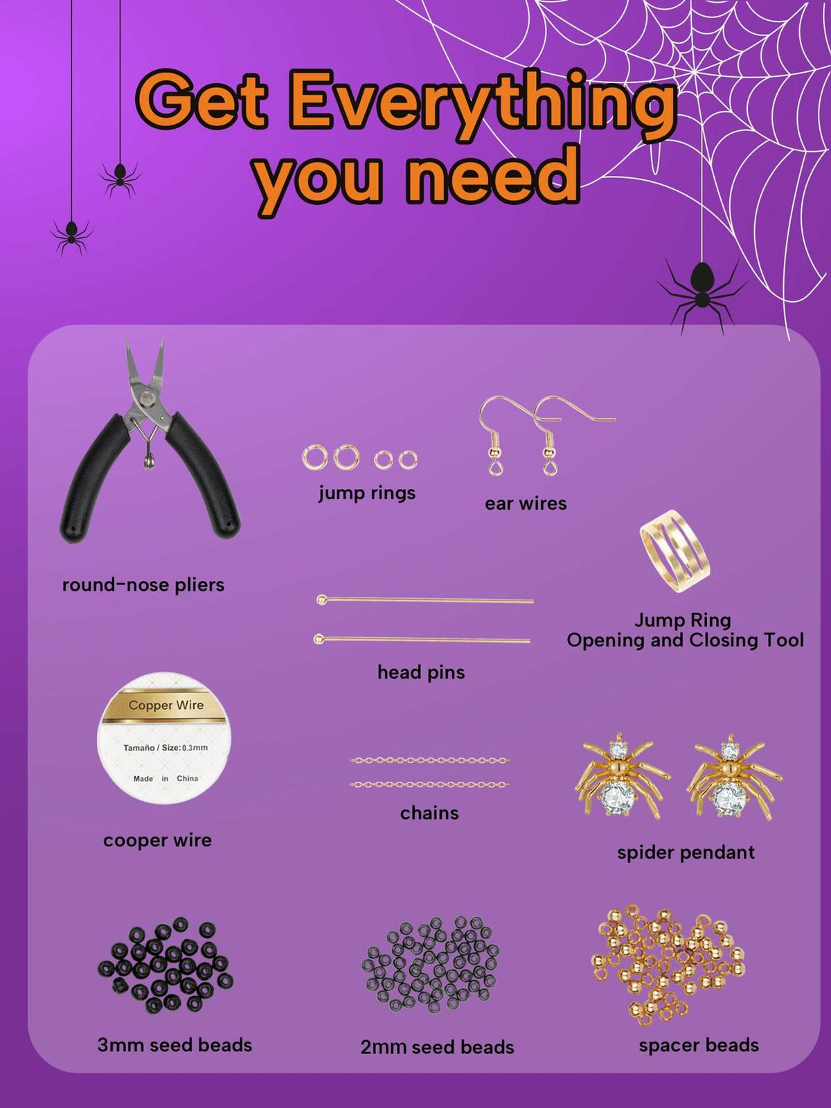 Kit de fabricación de pendientes de Halloween DoDoBeads, colgante de araña con circonita y cuentas doradas