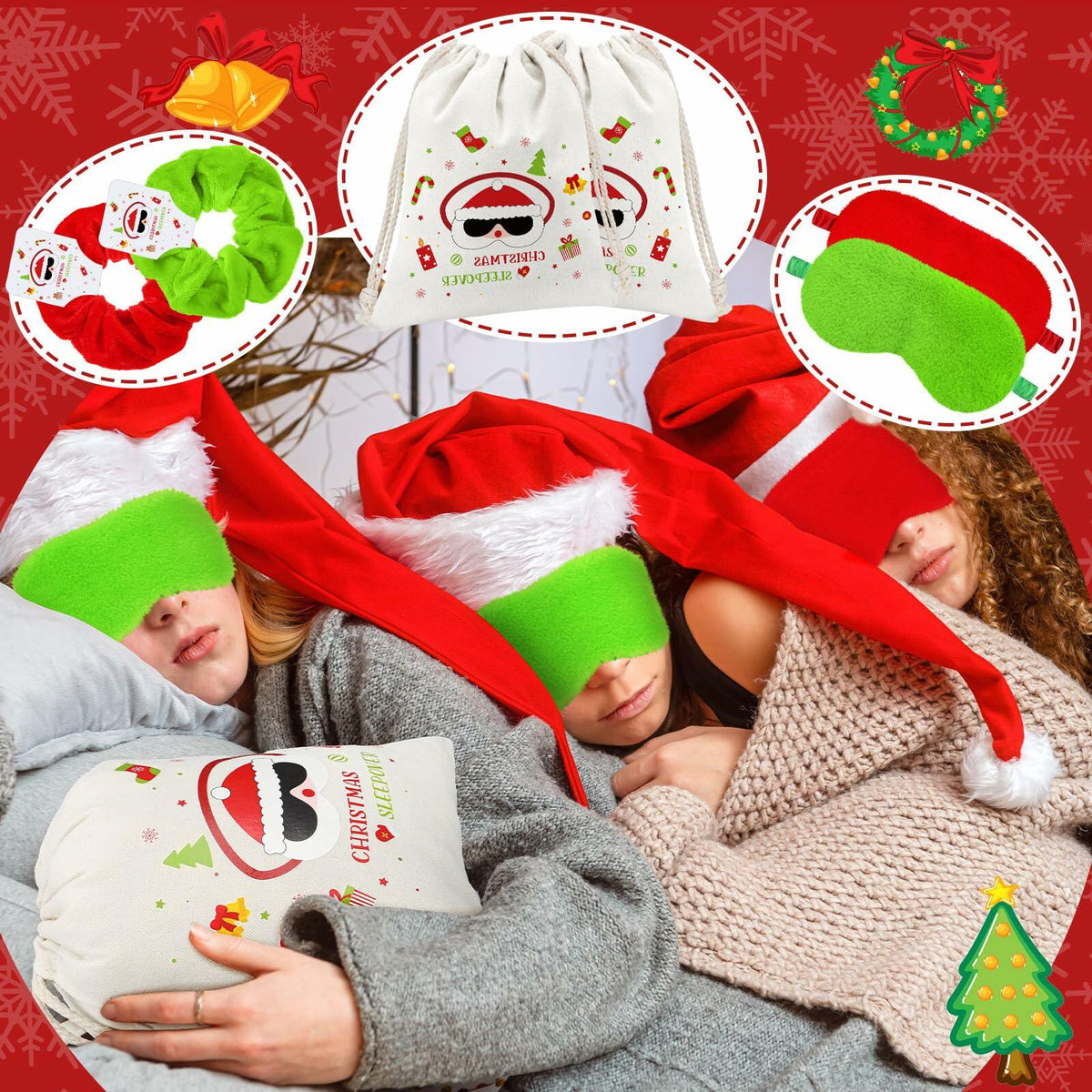 Set de 24 coleteros navideños para el cabello y antifaz para dormir Bunnycool