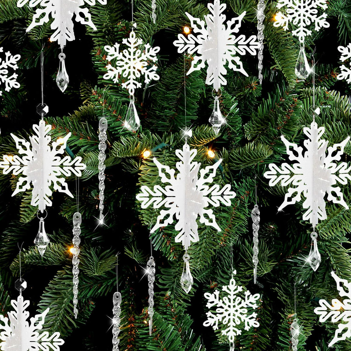 24 piezas de adornos colgantes de copo de nieve transparentes para árbol de Navidad
