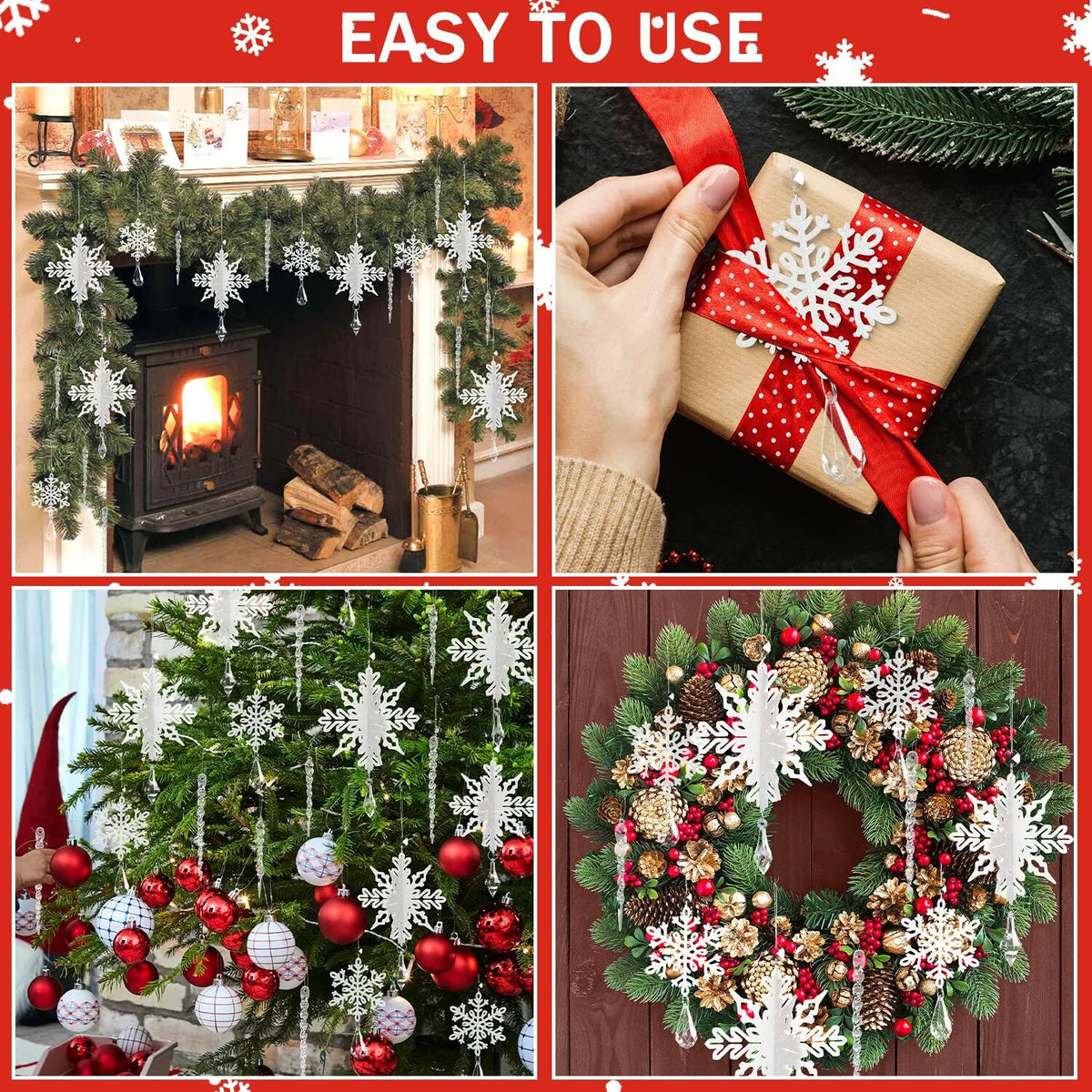 24 piezas de adornos colgantes de copo de nieve transparentes para árbol de Navidad