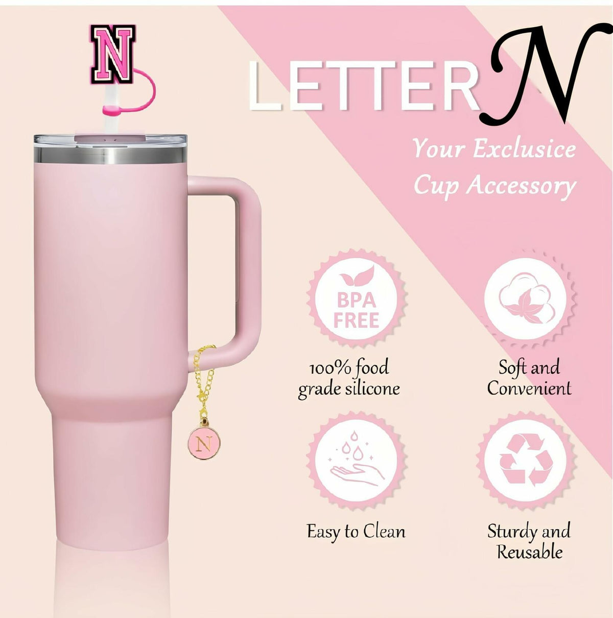 IN CHENTHY Adorno para pajita, 2 uds., fundas con letra N + cadena con dije + pegatinas del alfabeto
