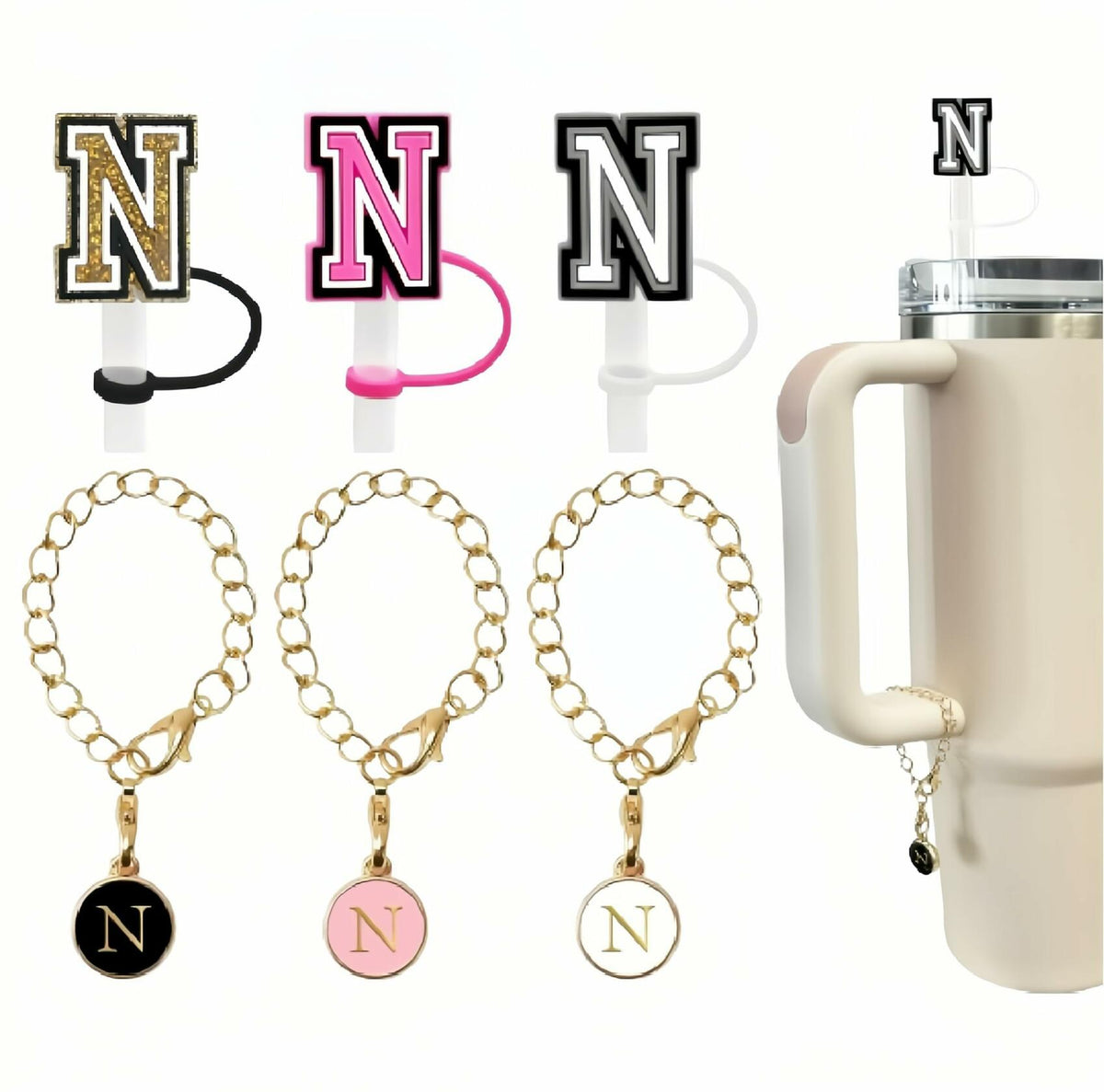 IN CHENTHY Adorno para pajita, 2 uds., fundas con letra N + cadena con dije + pegatinas del alfabeto