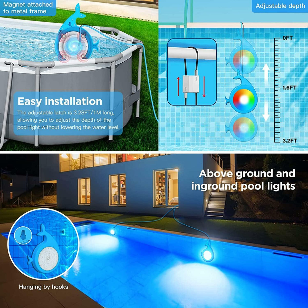 Luces LED RGB para piscina Lanpanzi, control por aplicación, impermeabilidad IP68, cable de 25 pies (7.6 m), 1000 lm