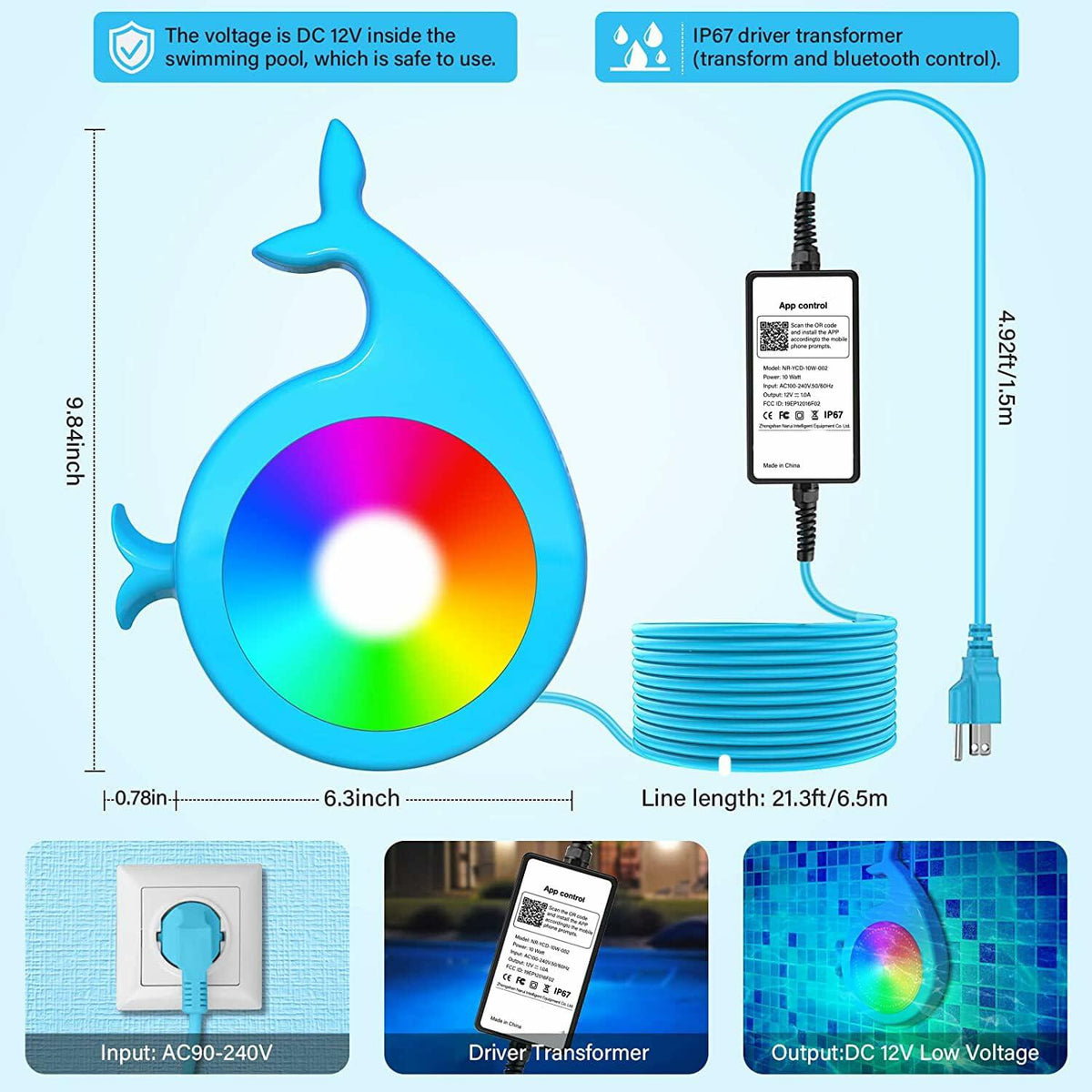 Luces LED RGB para piscina Lanpanzi, control por aplicación, impermeabilidad IP68, cable de 25 pies (7.6 m), 1000 lm
