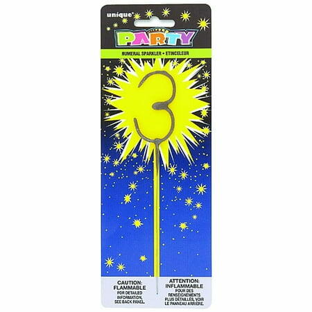 Vela de cumpleaños número 3 tipo bengala de Unique Industries, 7 pulgadas, cera dorada