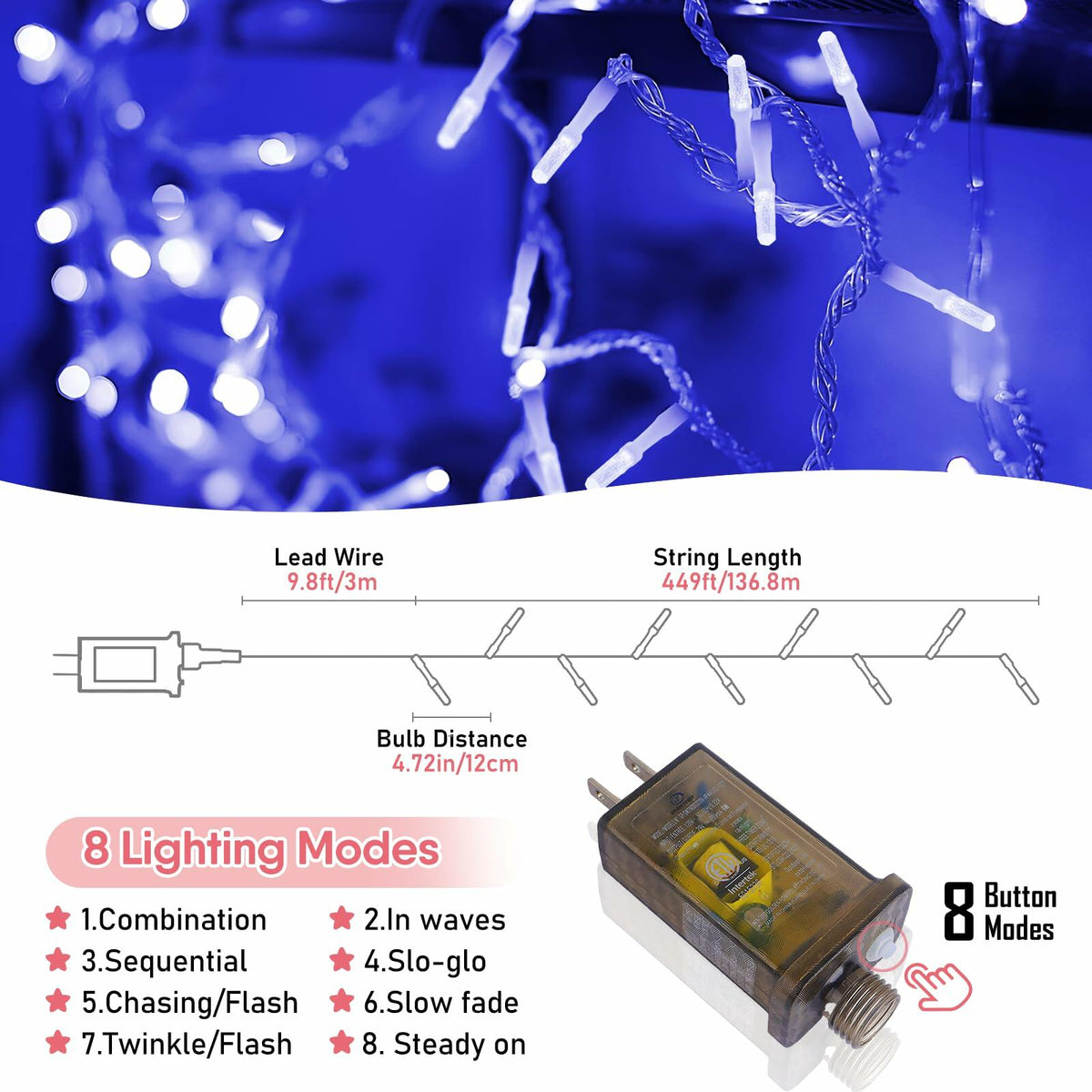 Heceltt 1140 LED 449FT Outdoor String Lights Blue 8 Modes Timer IP44