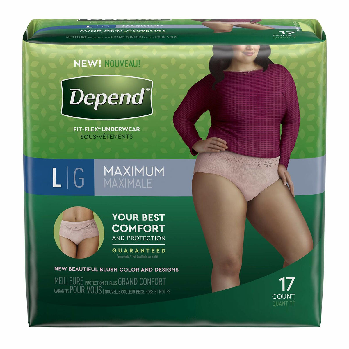 Ropa interior para incontinencia Depend FIT-Flex para mujer, absorbencia, color rubor, 17 unidades, talla L