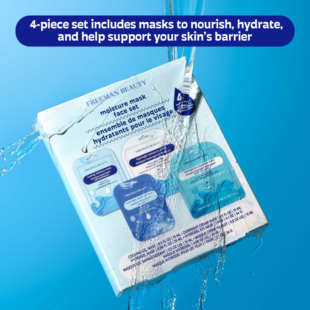 Set de 4 mascarillas hidratantes Freeman para rostro y contorno de ojos, hidrogel, vegano
