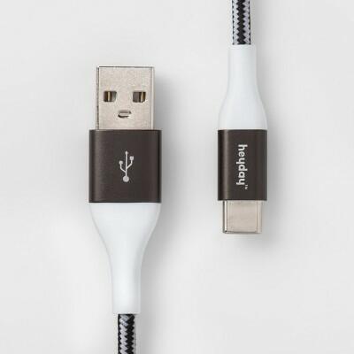 Cable trenzado USB-C a USB-A Heyday de 4 pies, negro/blanco/gris plomo