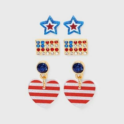 Set de 3 pendientes de aro con forma de corazón y estrella estilo americano, rojo, blanco y azul