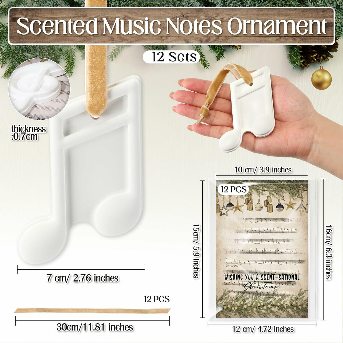 Heigble, set de 6 adornos navideños perfumados para colgar en forma de nota musical, color blanco