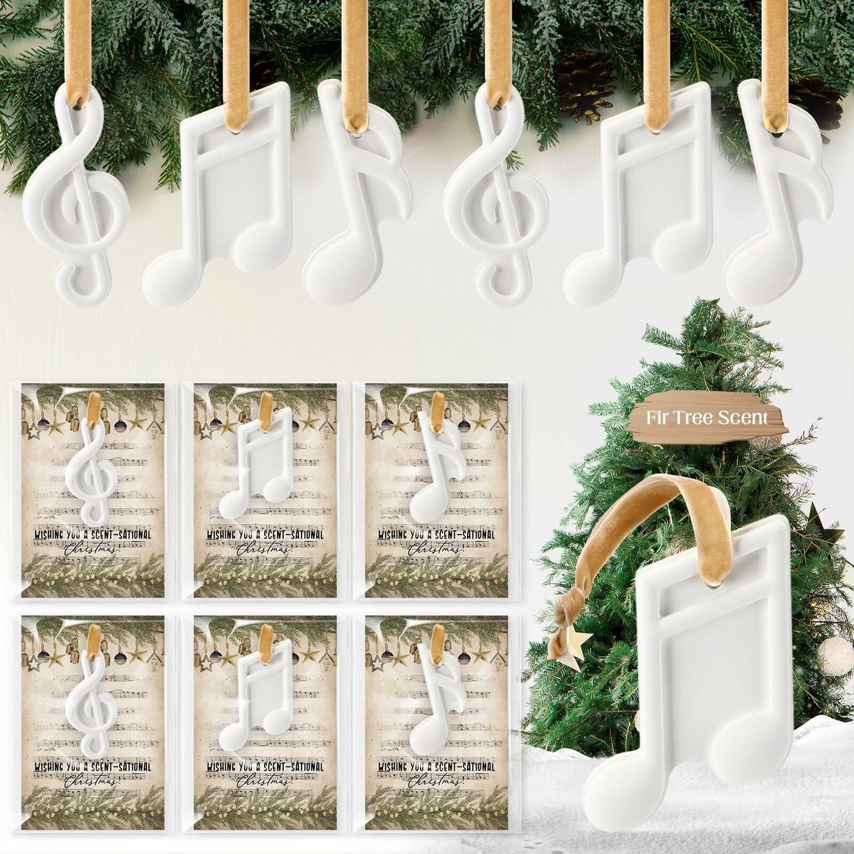 Heigble, set de 6 adornos navideños perfumados para colgar en forma de nota musical, color blanco