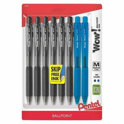 Bolígrafos retráctiles Pentel WOW! 1mm, paquete de 8 unidades, tinta negra y azul