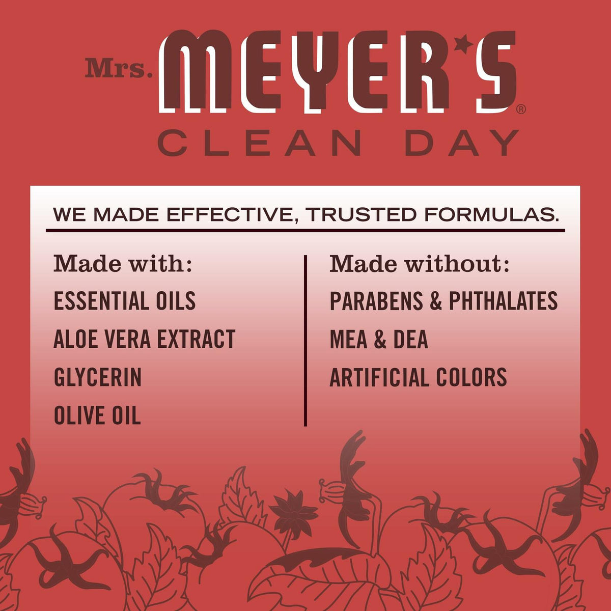 Jabón líquido para manos MRS. MEYER'S CLEAN DAY, aroma a Tomate (Tomato Vine), 12.5 oz, rojo