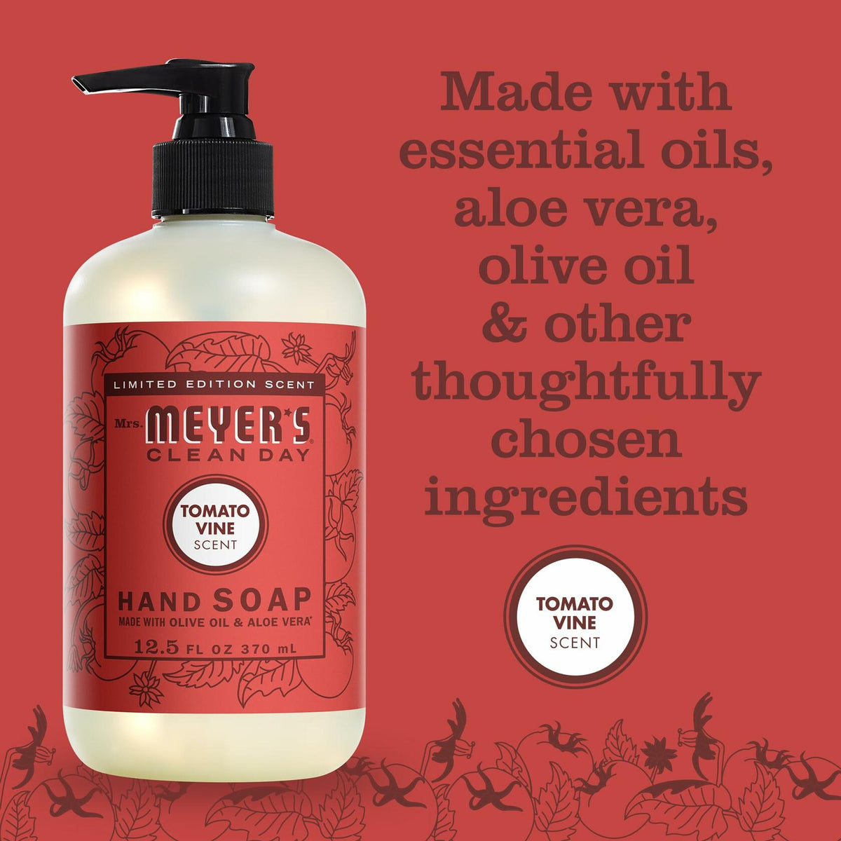 Jabón líquido para manos MRS. MEYER'S CLEAN DAY, aroma a Tomate (Tomato Vine), 12.5 oz, rojo