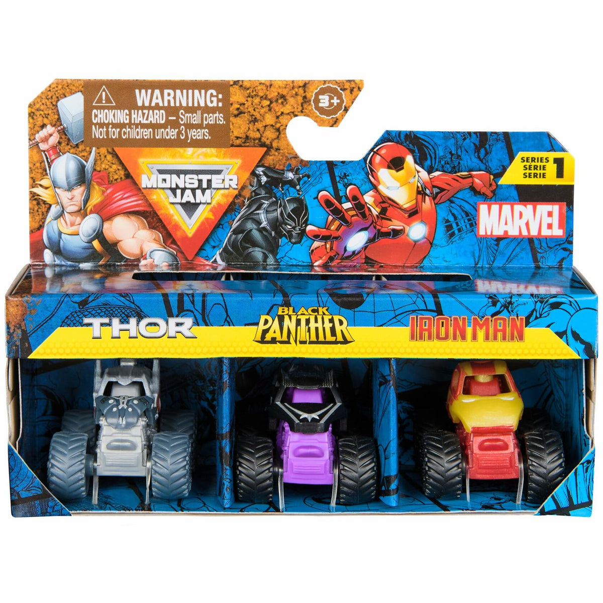 Monster Jam Marvel Mini Monster Truck paquete de 3 Thor Black Panther Iron Man
