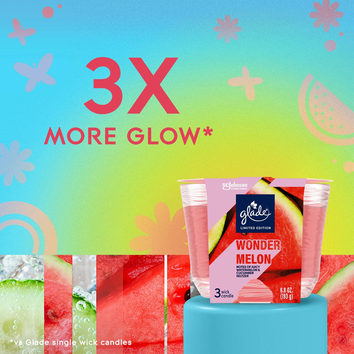 Vela aromática Glade de 3 mechas en frasco, Wonder Melon, rosa, 6.8 oz, paquete de 3