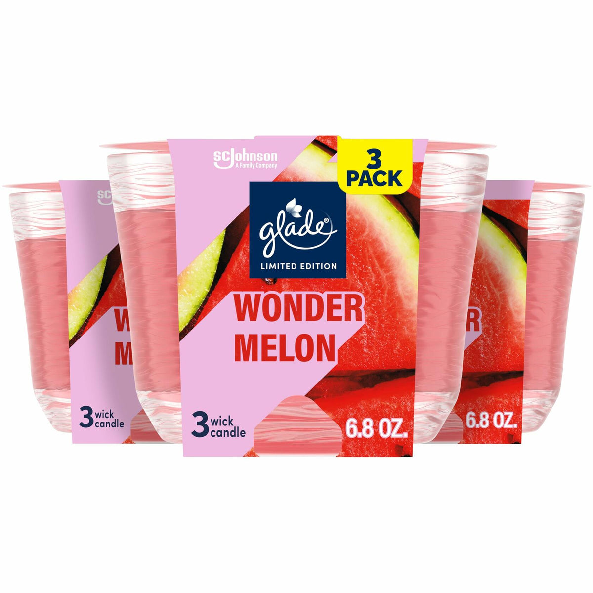 Vela aromática Glade de 3 mechas en frasco, Wonder Melon, rosa, 6.8 oz, paquete de 3