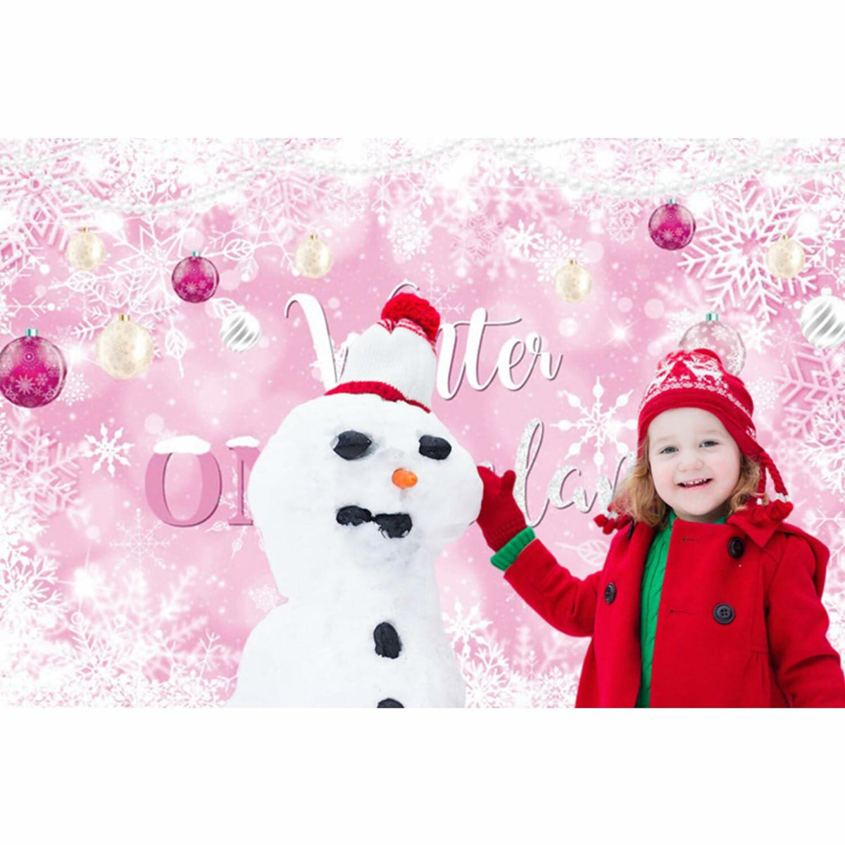 Banner de primer cumpleaños "Winter Onederland" con fondo de copos de nieve, 70.9x43.3, rosa
