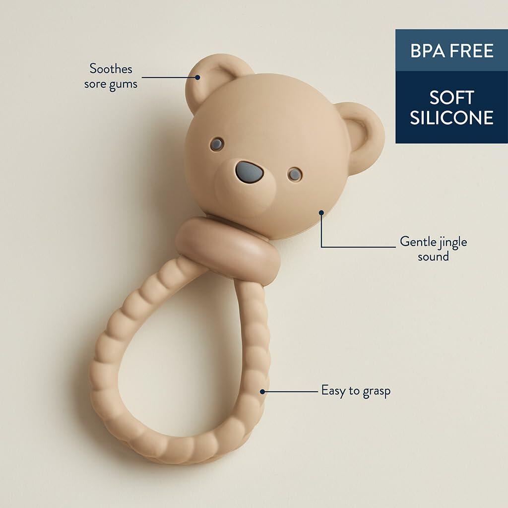 Juguete sonajero de silicona Itzy Ritzy, oso con mango de sonido suave, 3+ meses
