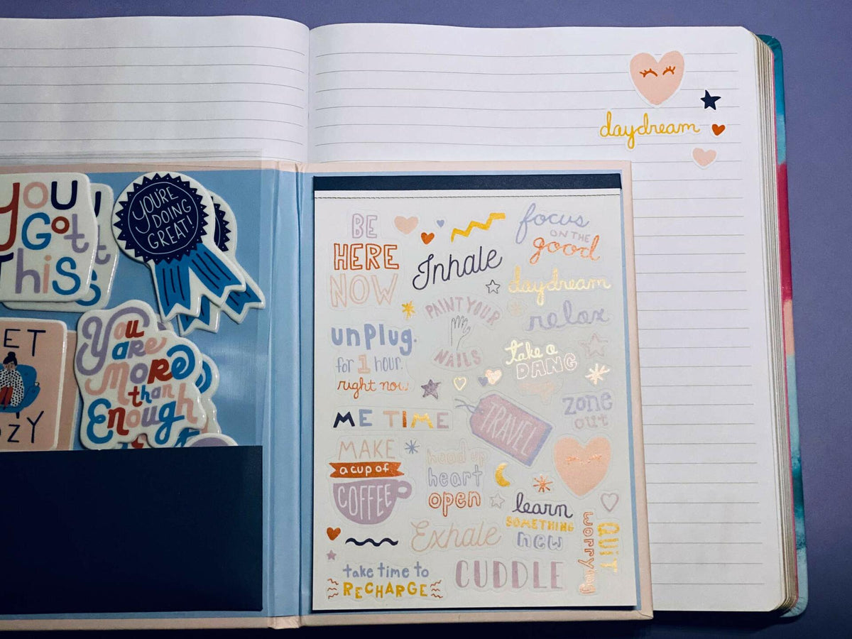 [Like New] WORLD TRAVELER Self Care Sticker Book Folio Hardcover 5x7 Art Stickers