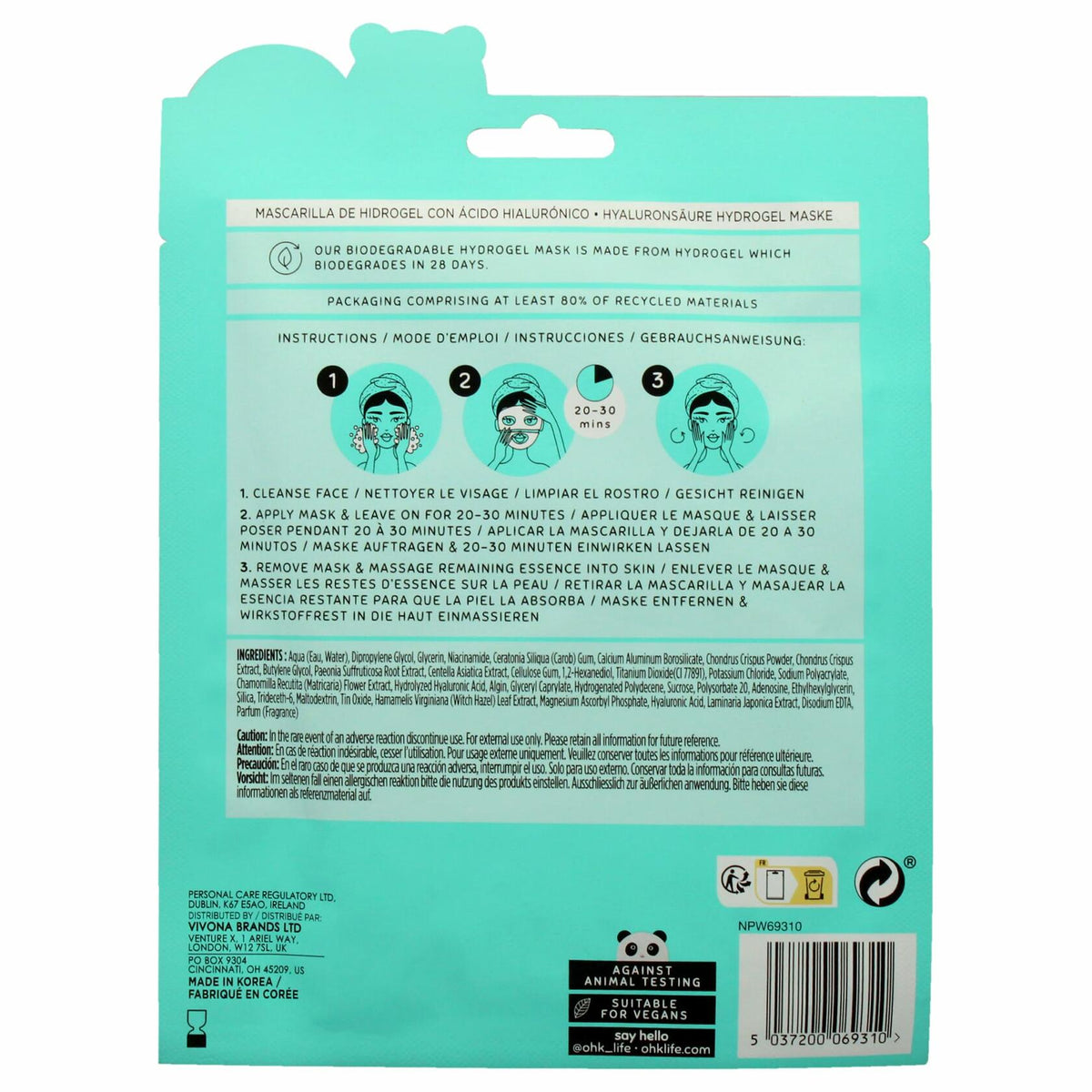 Oh K! Mascarilla facial de hidrogel hidratante con ácido hialurónico, 1 unidad, Marine