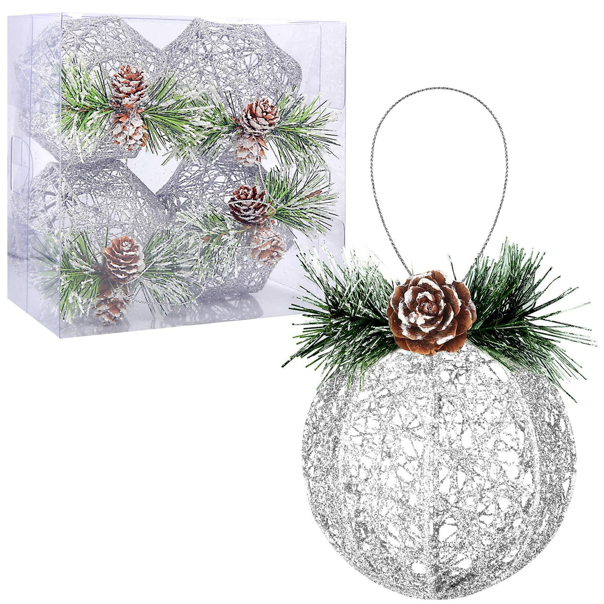 [Like New] ZHANYIGY Christmas Ball Ornaments 4pc Silver Pinecone Rattan String Size S