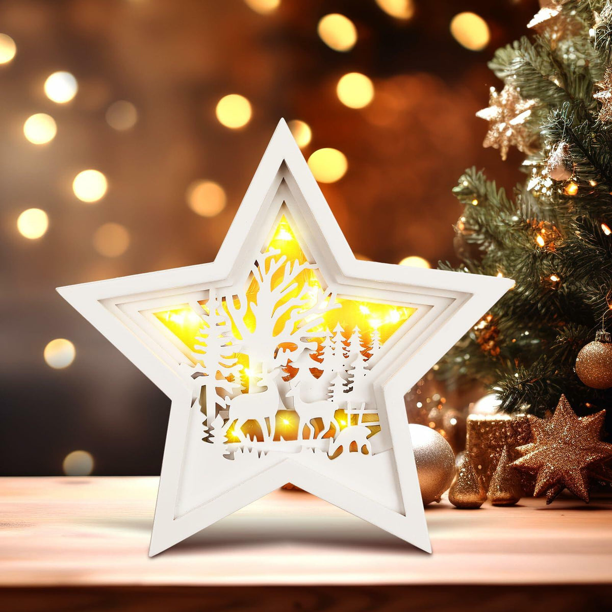 Rustic Wooden Christmas Reindeer Tree Topper Lighted Star 11x11 Inch