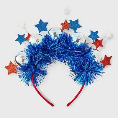 Diadema de espumillón con bola de discoteca y estrellas estilo americana, color rojo, blanco y azul