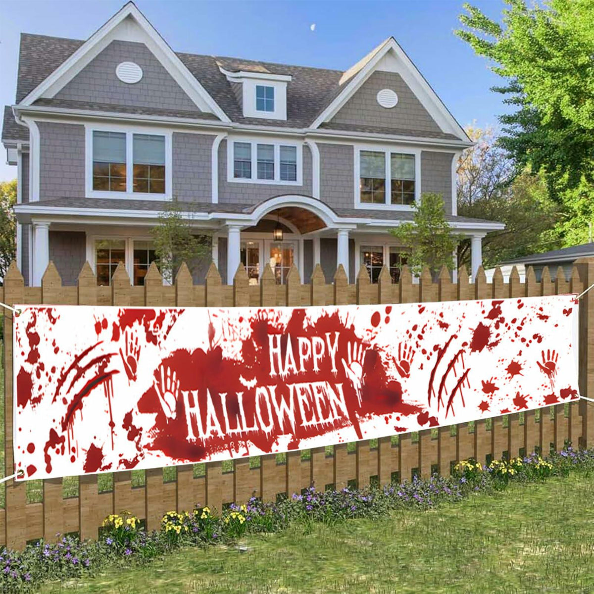 Pancarta decorativa de Halloween para exteriores DENNSHH, 120x20, letrero de poliéster blanco para jardín