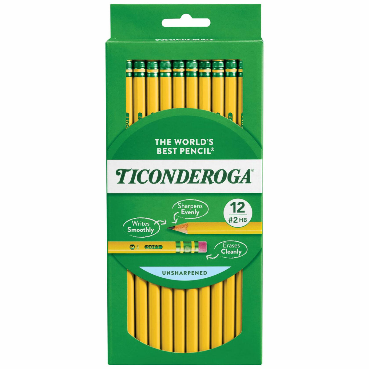 Lápices de madera Ticonderoga, sin punta, 2 HB, amarillo suave, paquete de 12