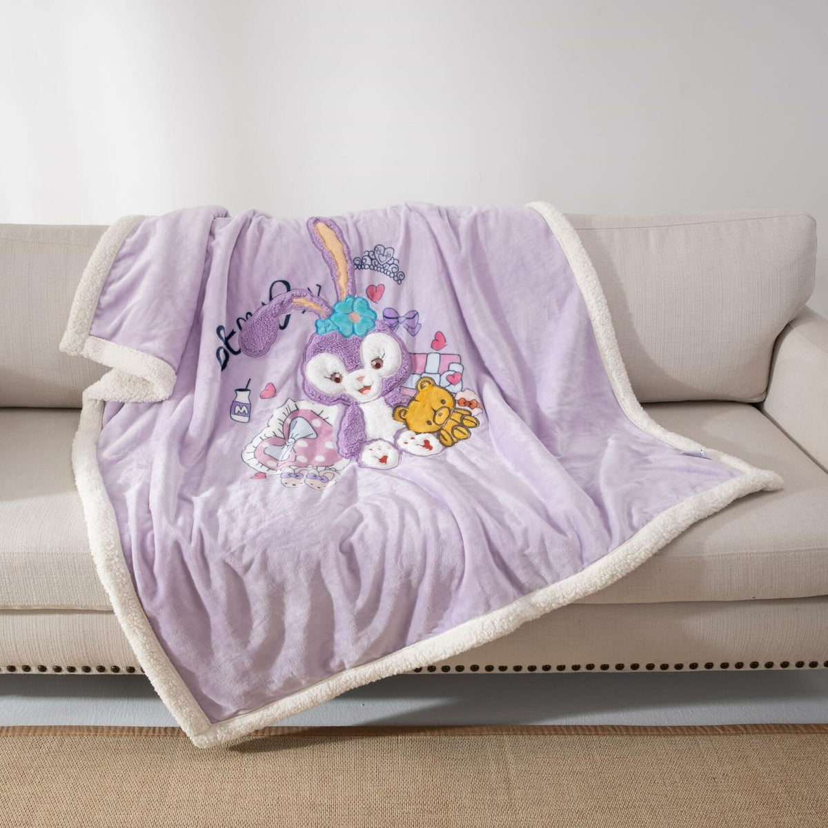 COSUSKET Kids Stella Lou 3D Embroidery Sherpa Rabbit Throw Blanket Beige 50x60in