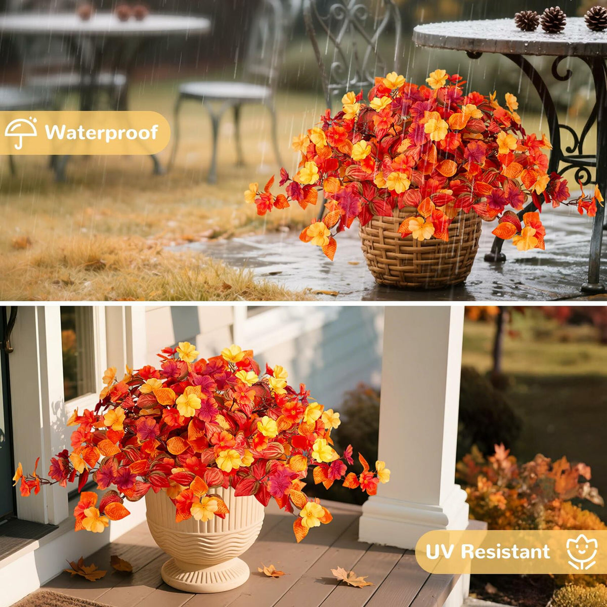 INXUGAO Flores artificiales de otoño, 2 piezas, seda sintética, color naranja, rojo y amarillo, resistentes a los rayos UV