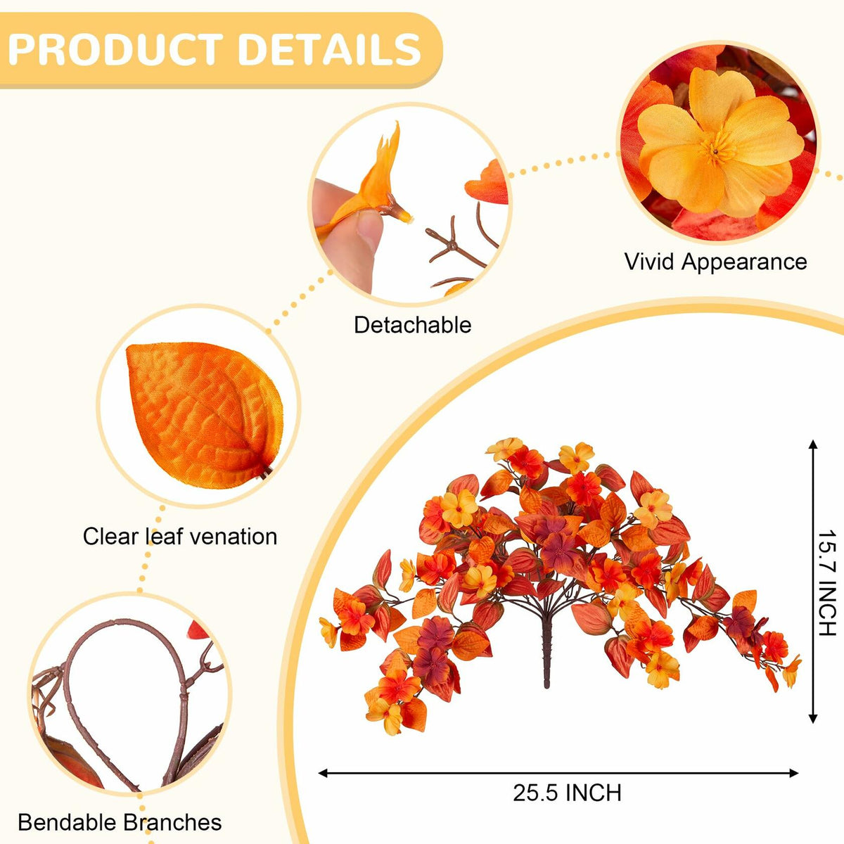 INXUGAO Flores artificiales de otoño, 2 piezas, seda sintética, color naranja, rojo y amarillo, resistentes a los rayos UV
