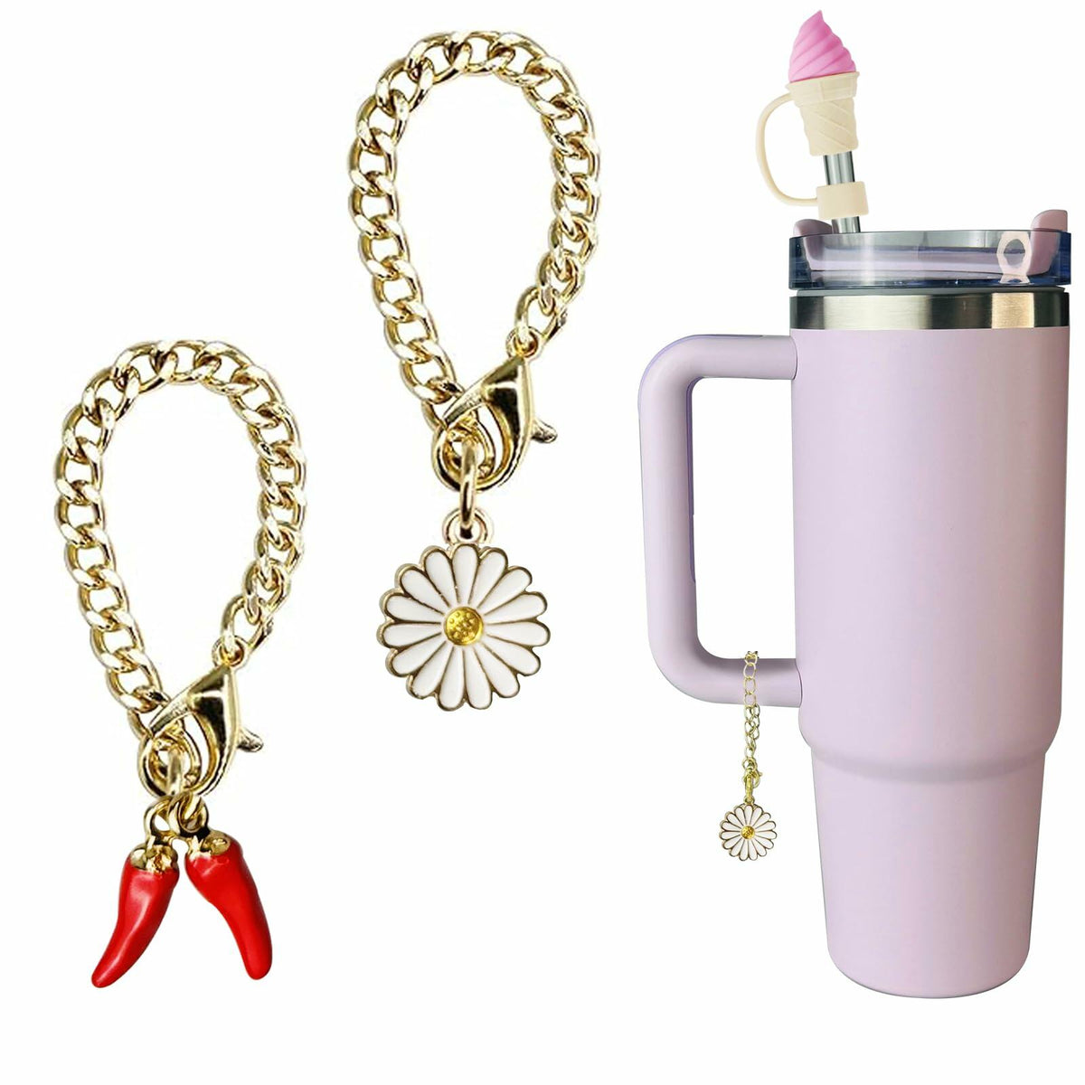 Juego de 4 tapas para pajitas y 2 cadenas con dijes para vasos Stanley de 30 oz/40 oz