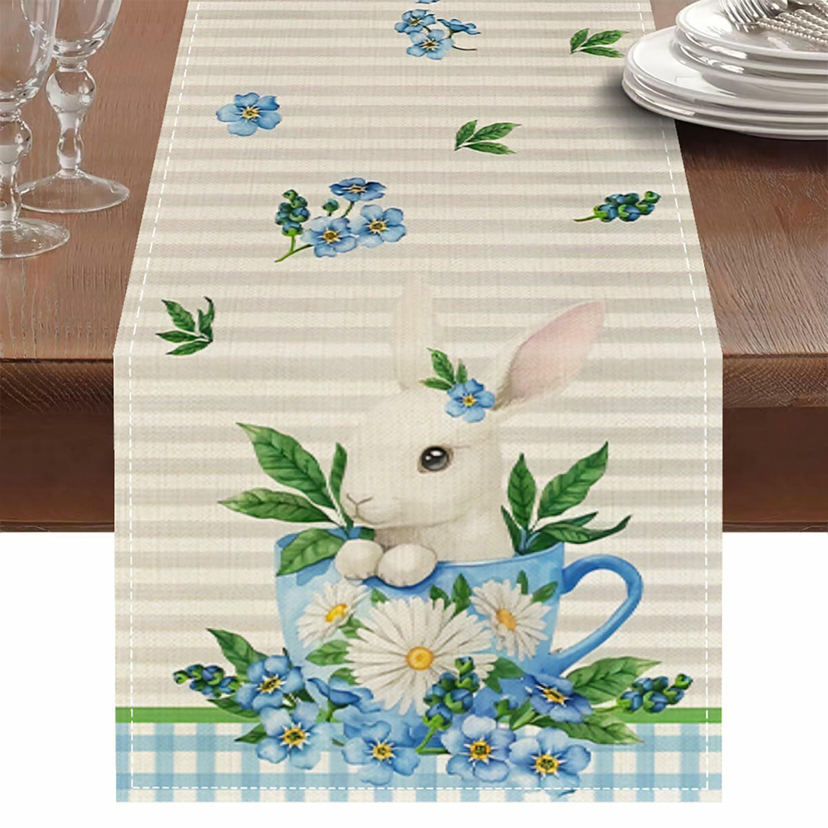 Hamiutci Easter Table Runner 13x72in Blue Bunny Floral Spring Decor