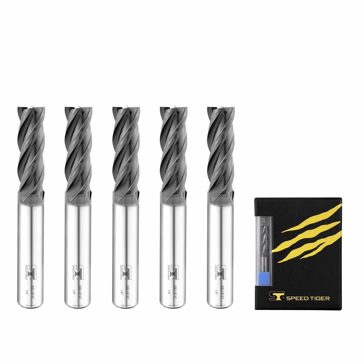 Fresa de carburo de 4 filos SPEED TIGER ISE, punta cuadrada, 1/8", revestimiento AlTiBN, paquete de 5 unidades