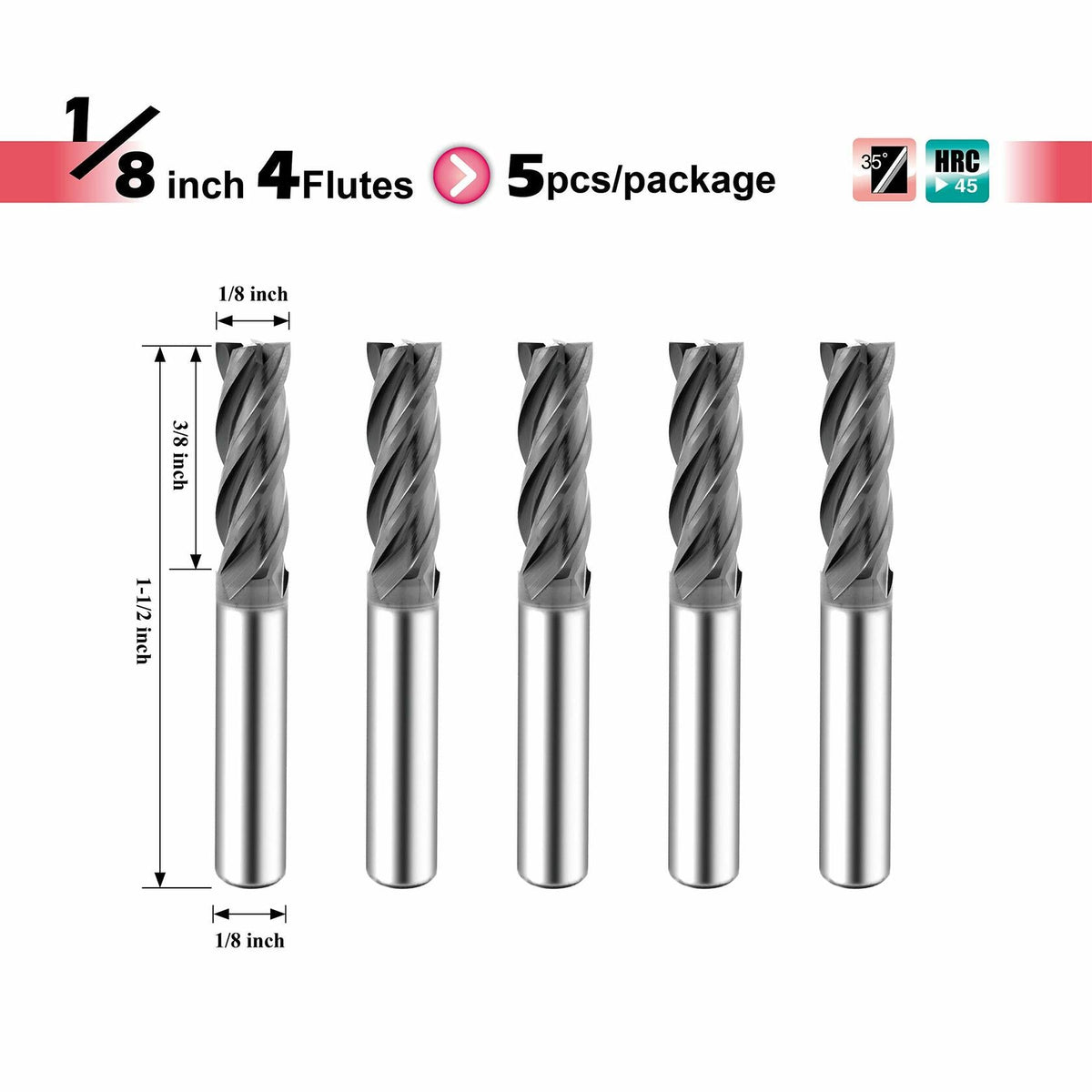 Fresa de carburo de 4 filos SPEED TIGER ISE, punta cuadrada, 1/8", revestimiento AlTiBN, paquete de 5 unidades
