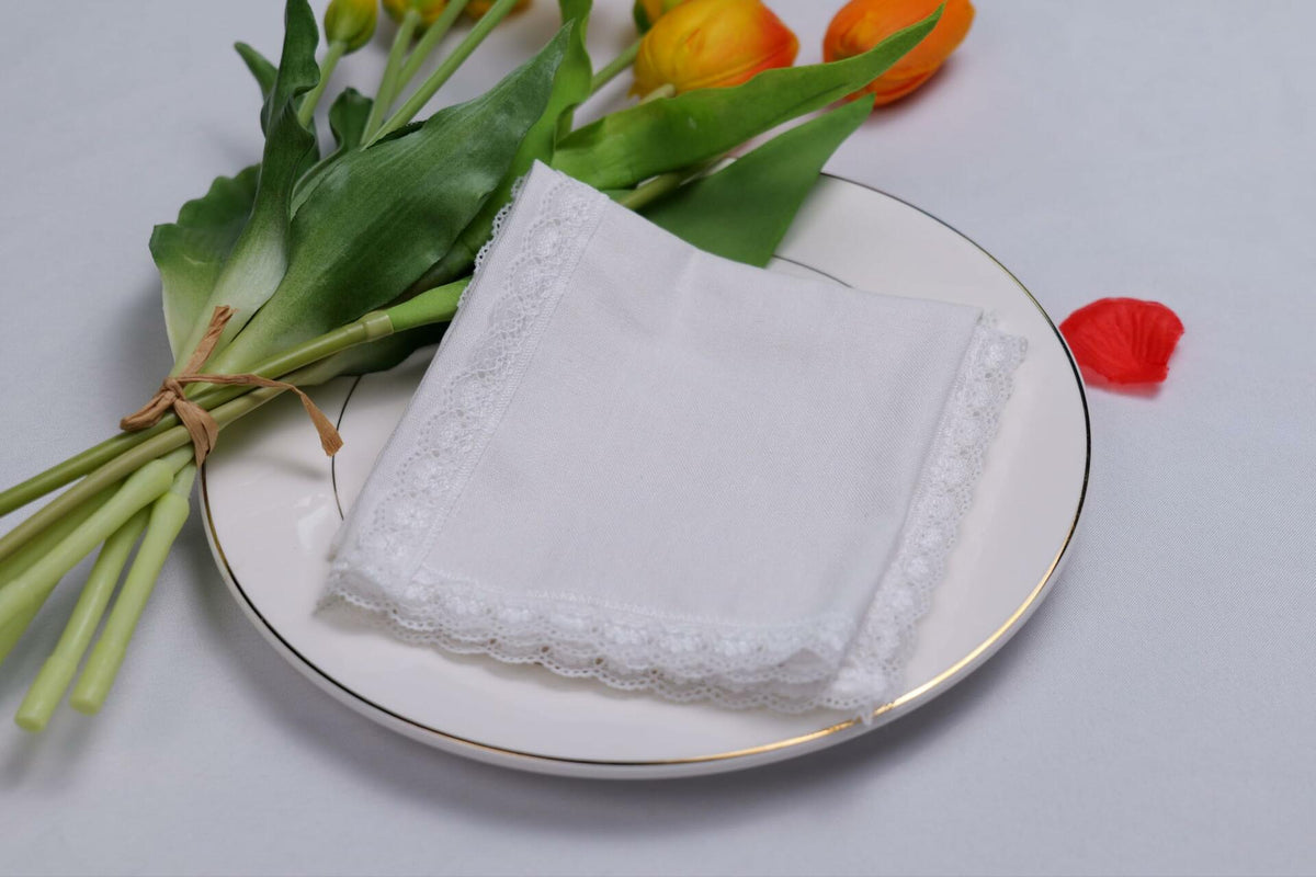 Servilletas de tela para cena con encaje - Mezcla de lino, rayón y algodón - Blanco