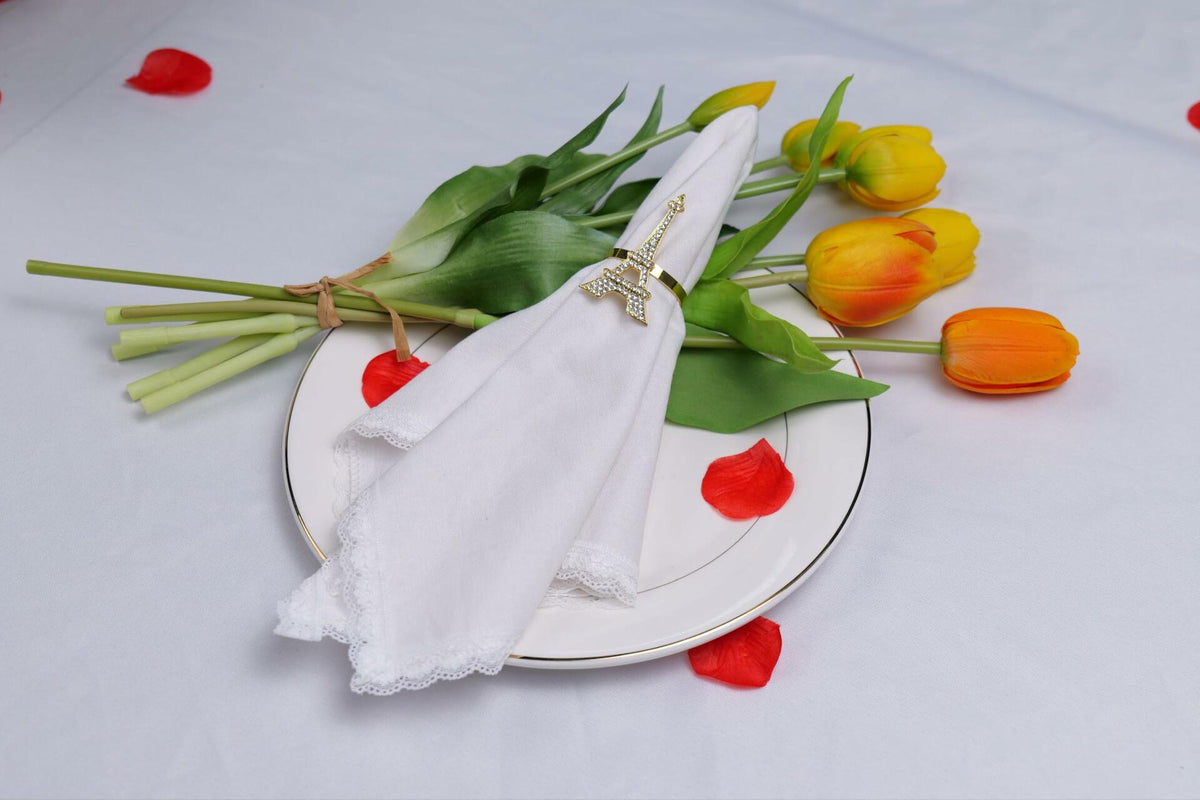 Servilletas de tela para cena con encaje - Mezcla de lino, rayón y algodón - Blanco