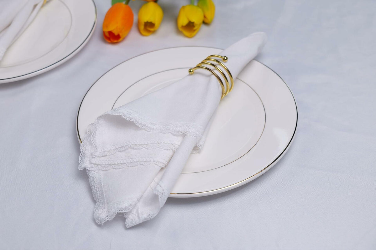 Servilletas de tela para cena con encaje - Mezcla de lino, rayón y algodón - Blanco