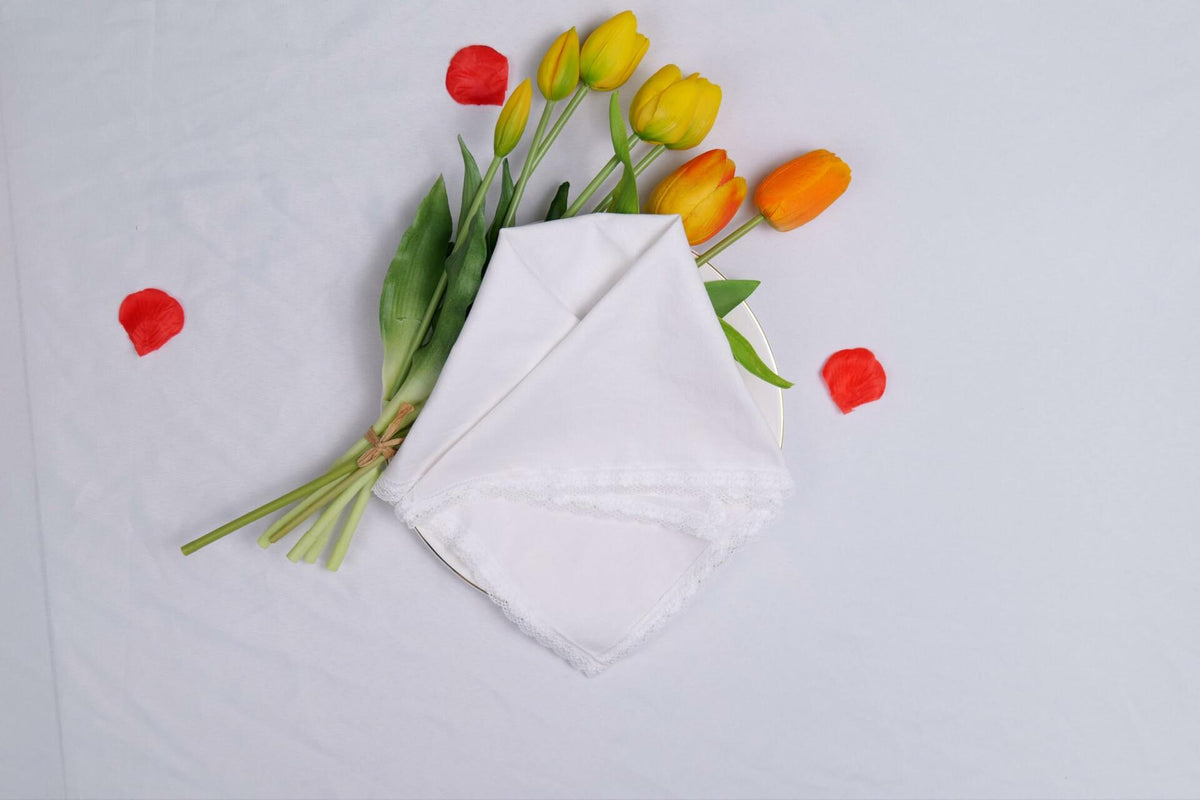 Servilletas de tela para cena con encaje - Mezcla de lino, rayón y algodón - Blanco