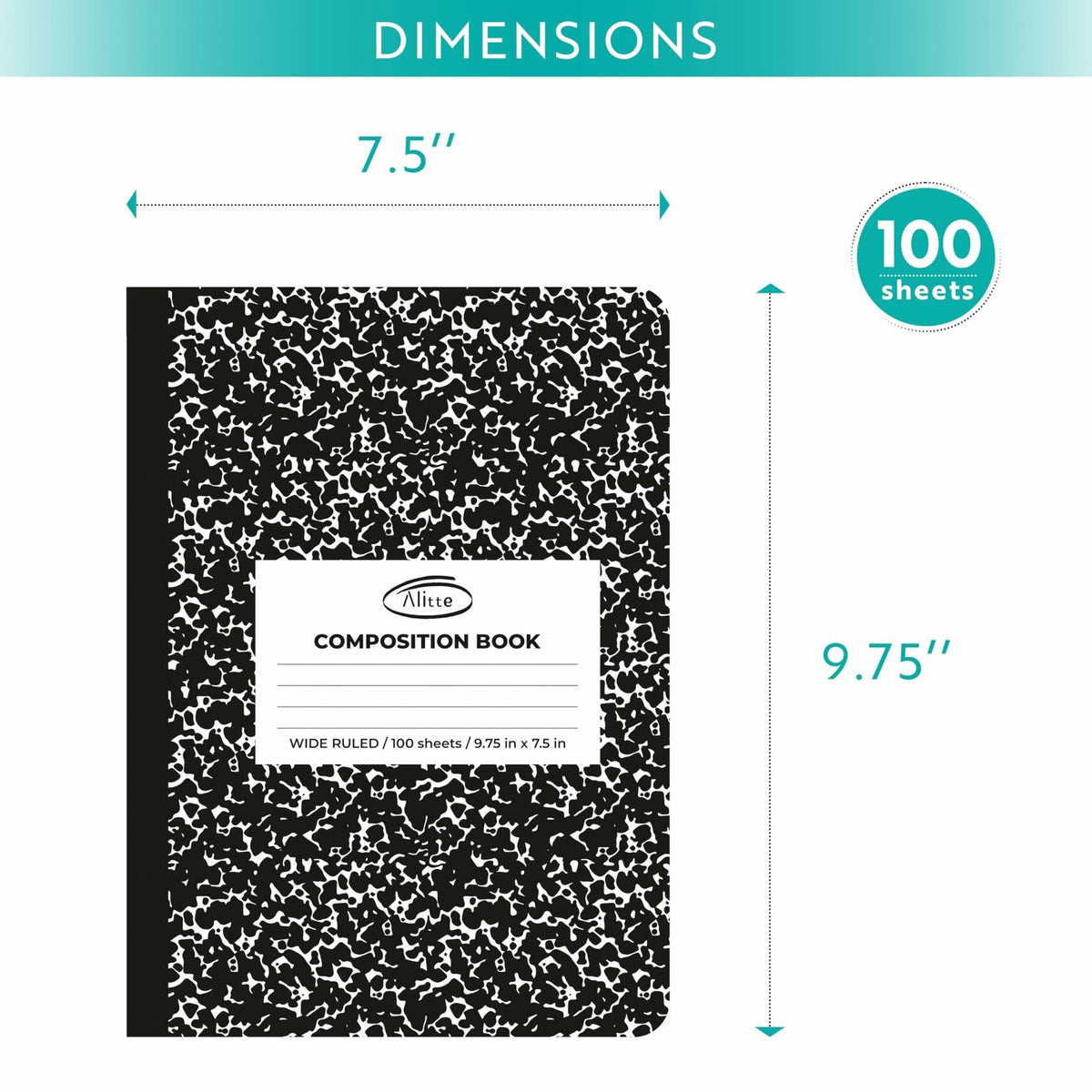 [Como nuevo] Cuadernos de composición Alitte, paquete de 4, rayado ancho, 9.75x7.5, mármol negro