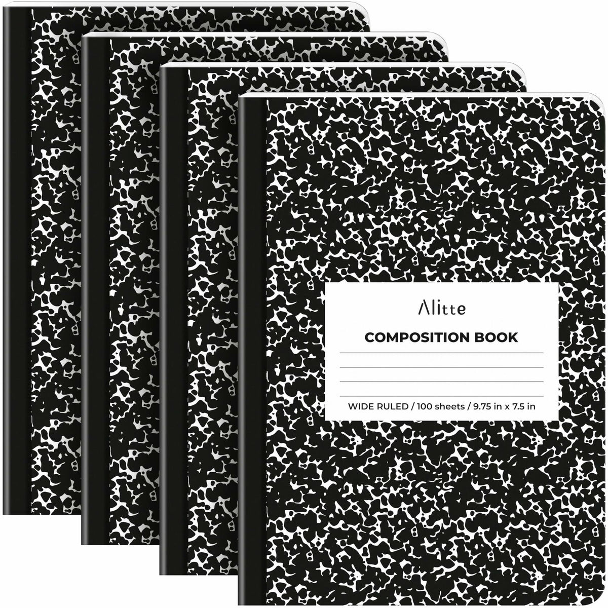 [Como nuevo] Cuadernos de composición Alitte, paquete de 4, rayado ancho, 9.75x7.5, mármol negro
